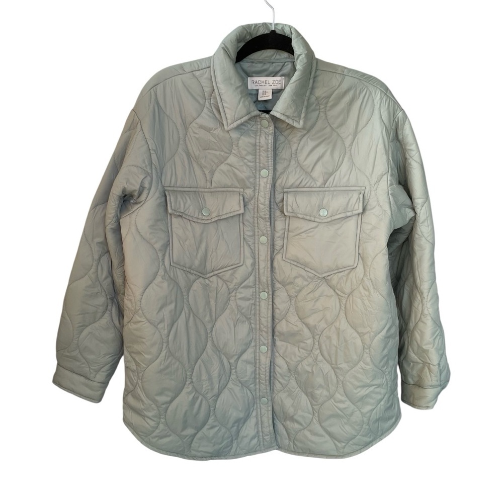 Rachel Zoe Quilted Button Down Puffer Shirt Shacket Jacket Green M